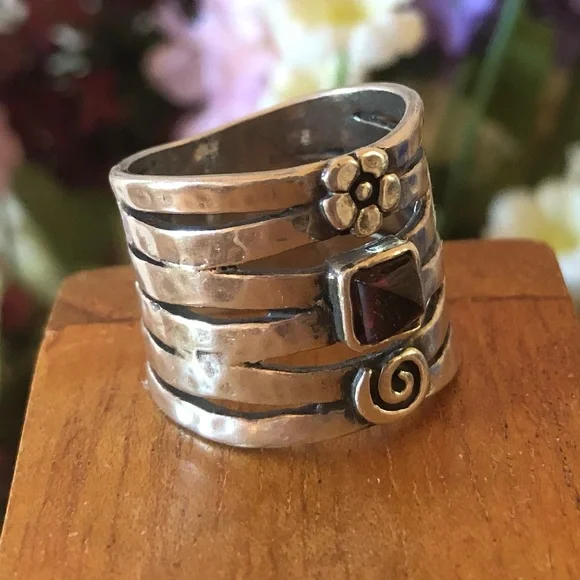 Vintage Silpada Sterling Silver Garnet Flower Swirl Ring R1048 Size 7 1/2 - Picture 6 of 16